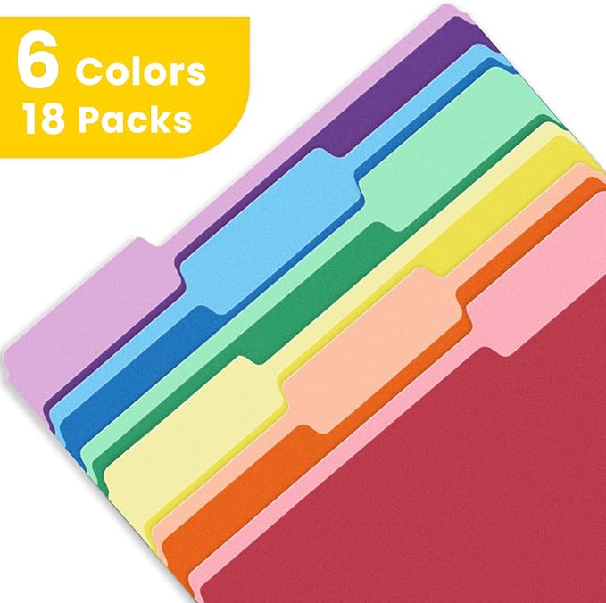 SUNEE File Folders, 18 Pack Manilla Folders 8.5 x 11, Colored Folder Office Organization Home School Folders for Documents Files Paper,6 Assorted Colors