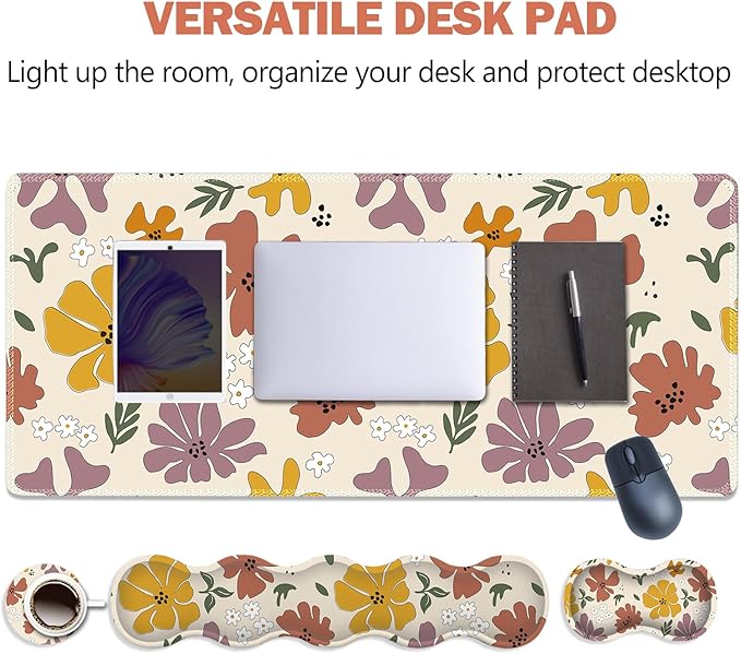 ARTSO Gaming Mouse Pad Wrist Support Set,Cute Flower Desk Mat+Mouse Pad with Wrist Rest +Keyboard Wrist Pad+Coaster,4-in-1 Mousepad Ergonomic Design for Home Office Game