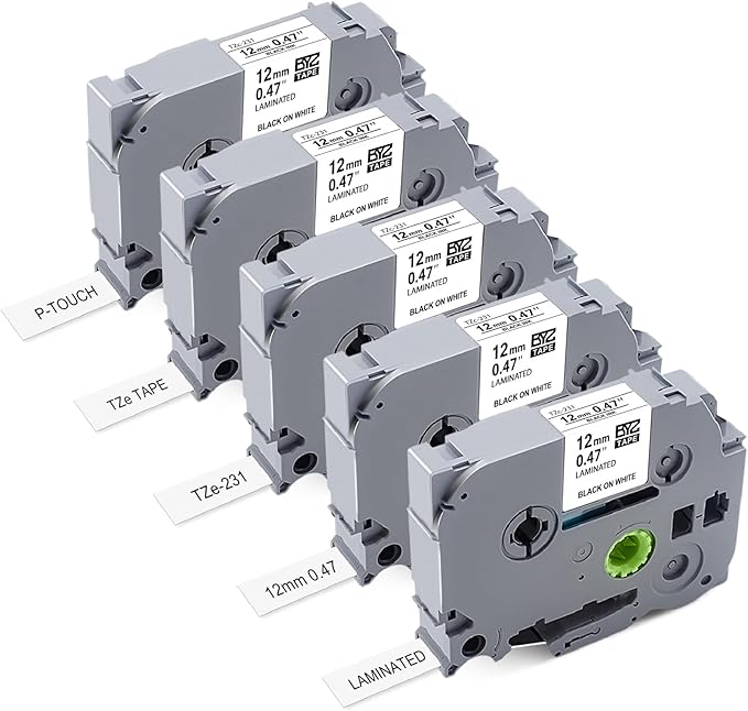 TZe-231 Replace for Brother Label Maker Tape TZ TZe Work with Brother P Touch Label Tape 12mm 0.47 Laminated White 1/2" P Touch Refill Black on White TZe-231 Cartridge for PT-H103w H110 D210 D220