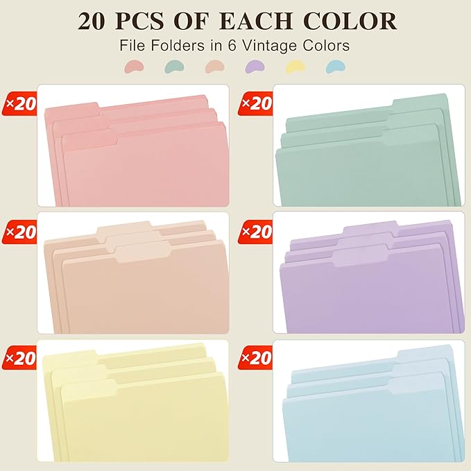 Color File Folders, 1/3-Cut Tabs, Letter Size, 6 Colors Organizer File Folders for School Home Office Business (120, Pastel Colors)