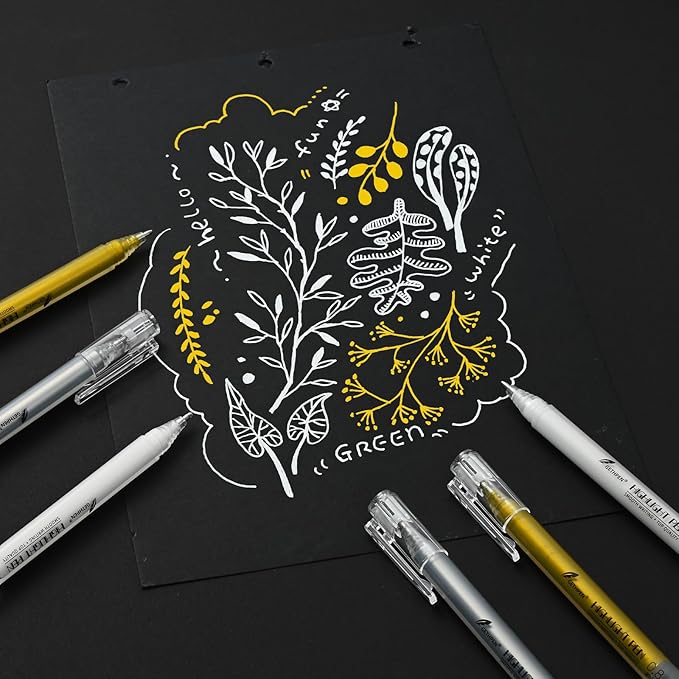 0.8mm Extra Fine Point 3 Colors Gel Pen Set White,Gold and Silver Gel Ink Pens for Artists Drawing on Black Paper, Sketching, Bullet Journaling & Holiday Crafts