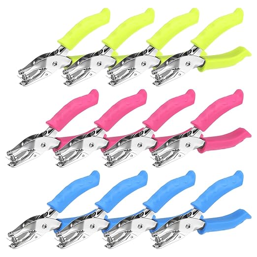 12 Pieces Single Hole Punch, Handheld 1/4 Inch Hole Paper Punch with Grip Handles, Circle One Holes Punches for Craft Paper Greeting Cards Scrapbook Notebook (Multicolor)