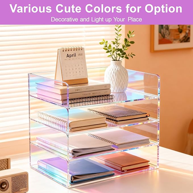 Gelite Acrylic File Organizer for Desk 4 Tiered Stackable Letter Tray Office Paper Storage Desktop Document Sorter, Iridescent