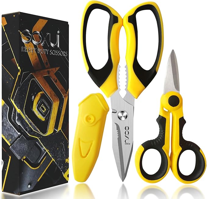 8-Inch Heavy Duty Scissors – Ultra Sharp Stainless Steel Shears with Serrated Edge & Protective Cover, Ideal for Cardboard, Wire, Fabric & More (Yellow)