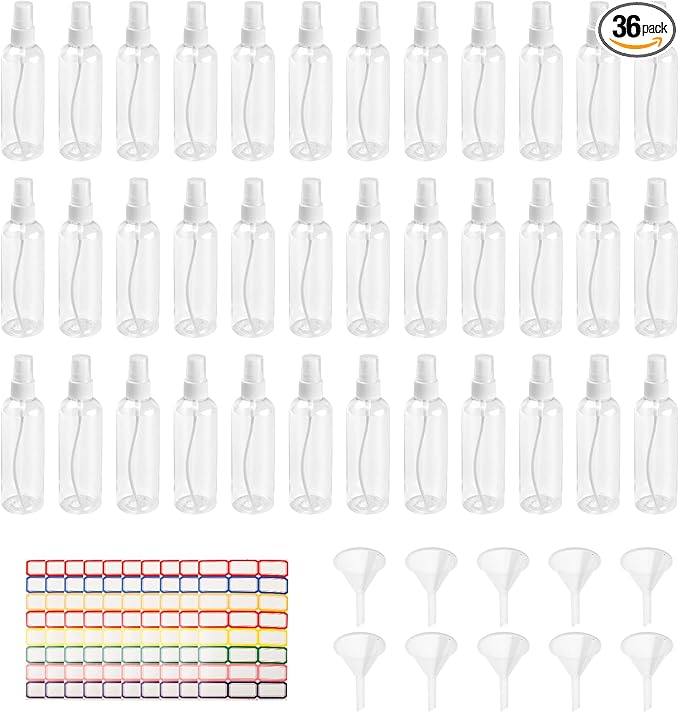 36 Pack Plastic Small Spray Bottles 4 oz/120 ml, Fine Mist Clear Empty Plastic Small Travel Spray Bottle, with 10 Funnels and 10 Labels