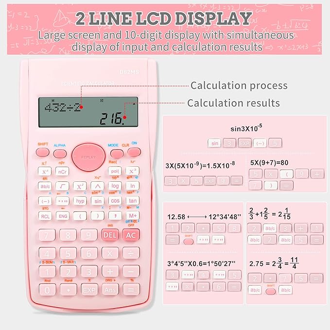 Pink Scientific Calculator, Cute 2-Line Math Calculator for Students, Algebra Geometry Calculator for Middle School, High School & College Supplies