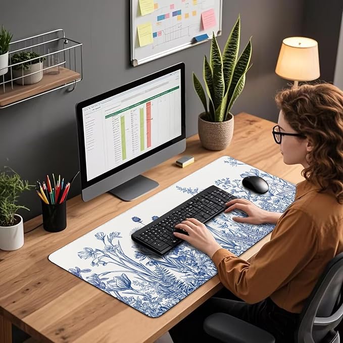 Narcissus Blue Floral Large Gaming Mouse Pad 31.5"x15.7"｜ Flower XXL Desk Mat, Non-Slip Rubber Base & Stitched Edges - Extended Waterproof Mousepad for PC/Laptop/Office/Home Decor