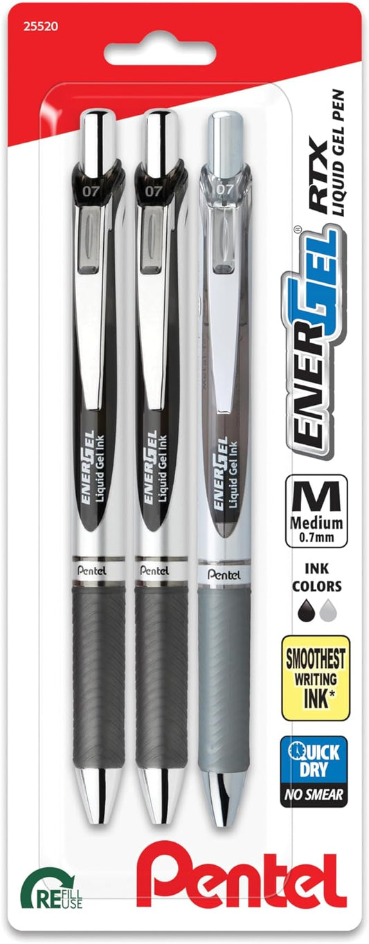 Pentel EnerGel RTX Retractable Liquid Gel Pen, 0.7mm, Scholar Hue, 2 Black and 1 Gray Ink, Pack of 3 Pens (BL77LEFBP3M)