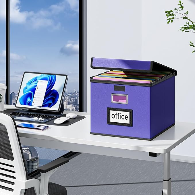 Huolewa Portable Leather File Organizer Boxes with Lids, Collapsible File Folder Organizer Boxes, Decorative Small Filing File Cabinet for Home/Office, Easily Store Documents/Hanging File Folders