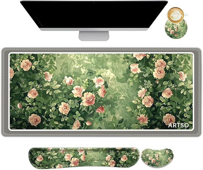 ARTSO Rose Floral Mouse Pad Wrist Support Set, Desk Mat, 4in1 XXL Large Mousepad + Keyboard Wrist Rest+Mouse Wrist Rest+Coaster Combo with Ergonomic Design for Home Office