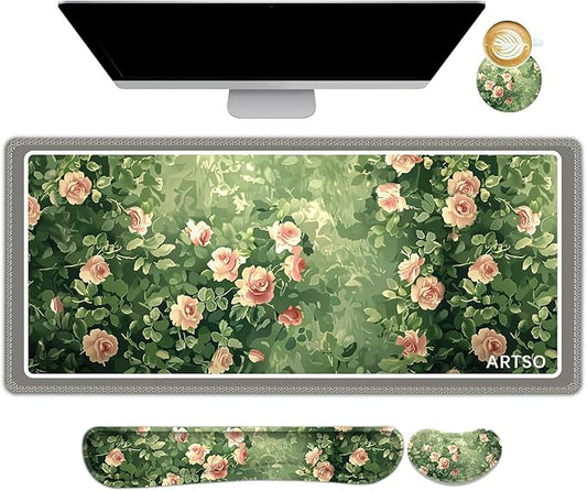 ARTSO Rose Floral Mouse Pad Wrist Support Set, Desk Mat, 4in1 XXL Large Mousepad + Keyboard Wrist Rest+Mouse Wrist Rest+Coaster Combo with Ergonomic Design for Home Office