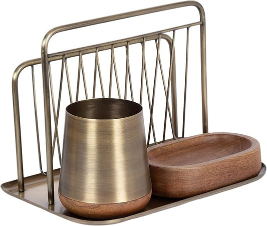 Kate and Laurel Koni Modern Three-Piece Home Office Organization Set, 13 x 8 x 9, Walnut Brown and Antique Brass, Wood and Metal Organizational Set for Office with File Folder Holder