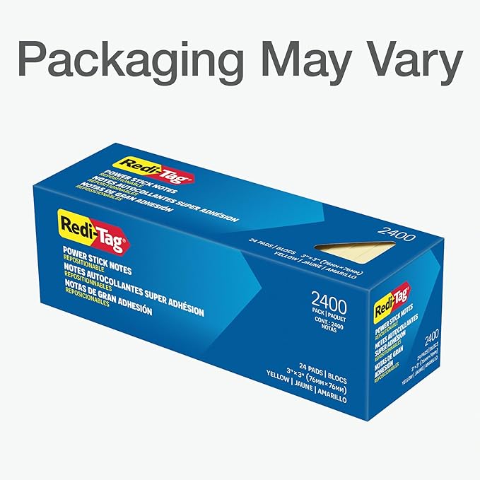 Redi-Tag Sticky Notes, Power Stick Notes, 3" x 3" Recycleable Adhesive Notes, Strong Adhesive Memos, Yellow, 24 Pack, 100 Sheets per Pad (1014128)