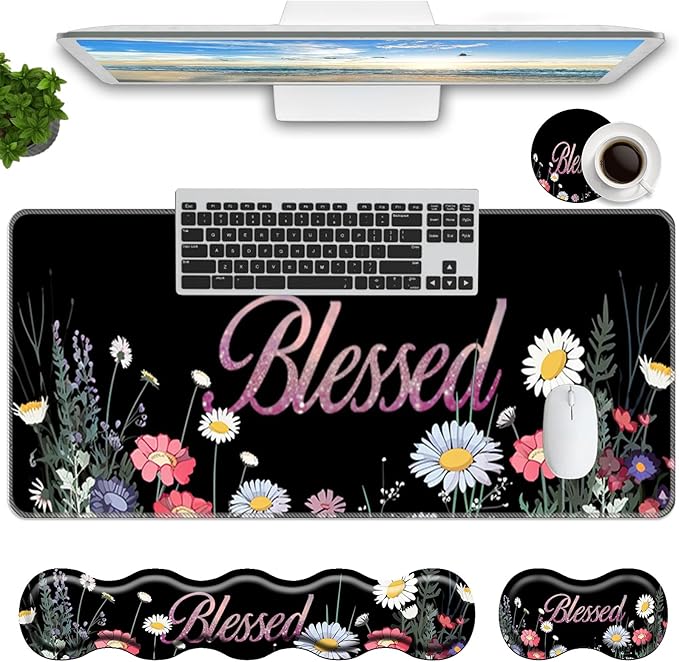 Keyboard Mouse Pad Set,Large Mouse Pad+Keyboard Wrist Rest+Wrist Support+Coaster,31.5x11.8in Extended Desk Mat for Computer Laptop Office Home-Florid Blessed