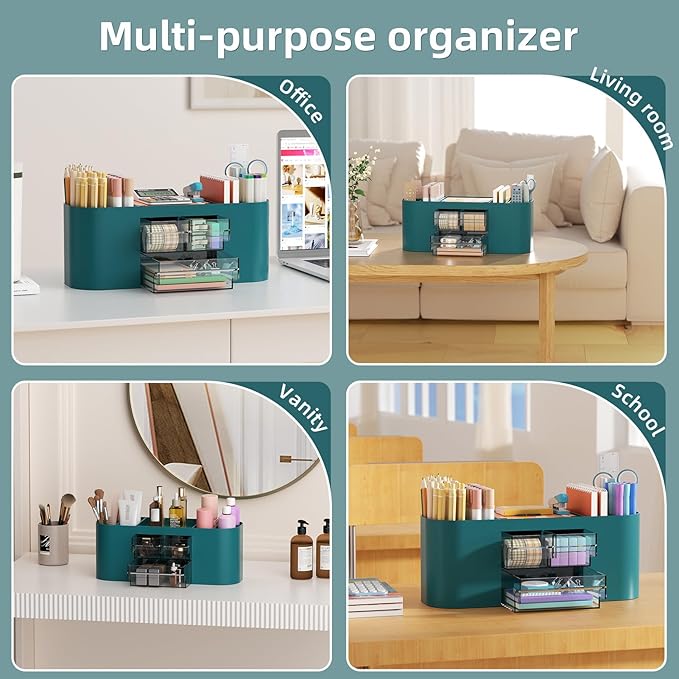 Marbrasse Pen Holder for Desk with 3 Drawers, Multi-Functional Pencil Holder, Desk Organizers and Accessories with 7 Compartments for Home, School, Classroom (Dark Green)