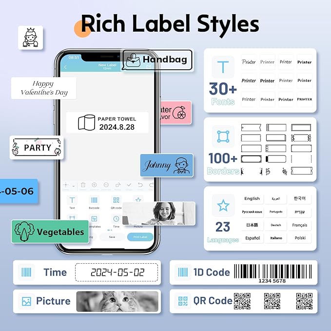 Label Maker Machine with Tapes, Bluetooth Label Makers with Backlight, Label Maker Waterproof-Labels, LT12 Portable Handheld Labeler Multiple Fonts, Rechargeable Label Machine for Home Office School