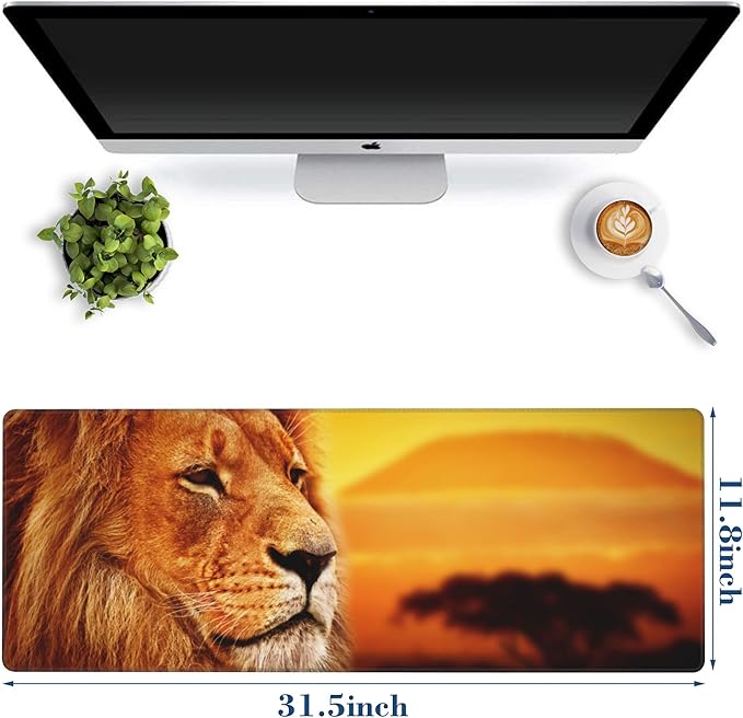 Lion at Sunset Mouse Pad Desk Mat XL Large Gaming Mousepad Extended Computer Keyboard Mat with Non-Slip Rubber Base and Stitched Edge 11.8 x 31.5 Inch for Gaming and Office Work