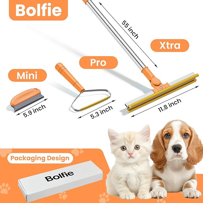 Bolfie 3 in 1 Carpet Rake for Pet Hair Removal, Tool Set of 3, 55” Long Handle Carpet Pet Hair Removal Carpet Scraper Dog Cat Hair Remover for Sofa, Couch, Car, Rug (Orange)