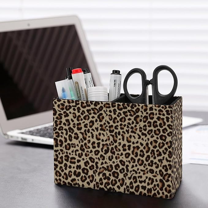 Pen Holder, Pencil Holder for Desk Organizer, Leopard Print Skin PU Leather Pencil Cups Desktop Stationery Storage Makeup Brush Holder Pen Organizer for Office Home