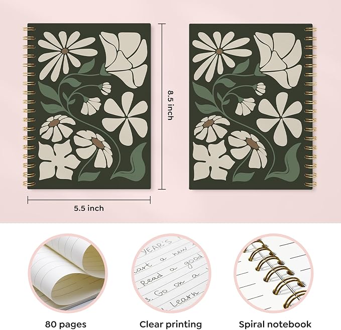 VONTP Boho Abstract Floral Spiral Notebook, Green Flower Aesthetic Journal, Boho Office Supplies, Abstract Botanical Floral College Ruled Notebook Journal for Writing, 5.5x8.3