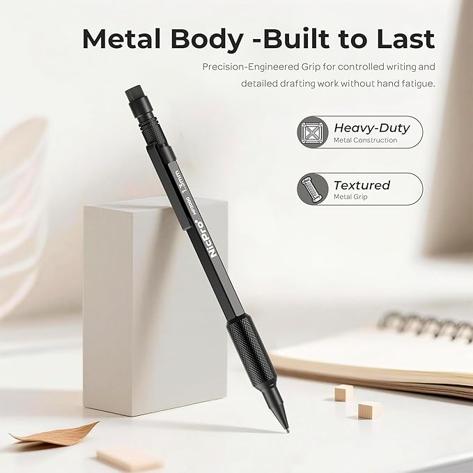 Nicpro 1.3mm Mechanical Pencil Set in Leather Bag with Waterproof Field Notebooks, 3PCS Metal Heavy Duty Carpenter Pencil with Lead Refill & Eraser for Outdoor Journal Travel Drafting Drawing