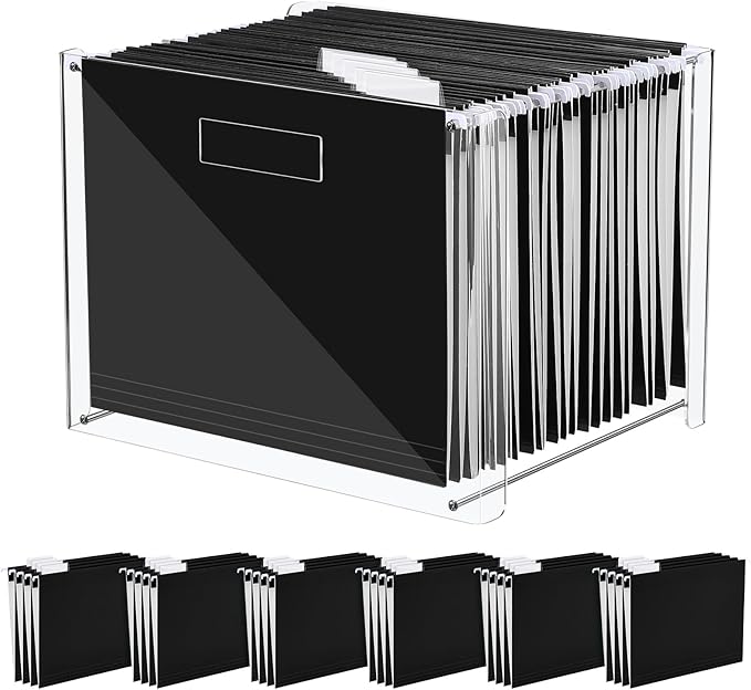 24 Hanging File Folder with Acrylic Organizer for Letter/a4 Size Desktop Clear File Storage Box with Handles for Home Work Office Use(Black,Classic)