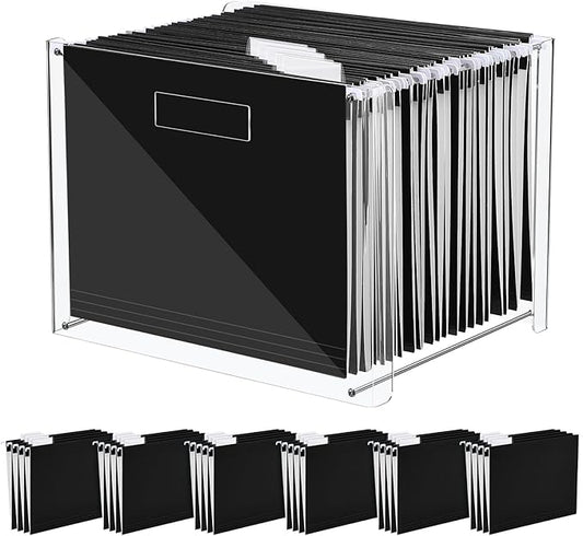 24 Hanging File Folder with Acrylic Organizer for Letter/a4 Size Desktop Clear File Storage Box with Handles for Home Work Office Use(Black,Classic)