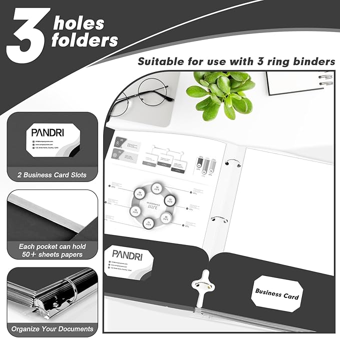 Two Pocket Portfolio Folders, PANDRI 60 Pack 3 Hole Punched 2 Pocket Folders for 3 Ring Binder, Letter Size Paper File Folder for School Office Home Business, Black