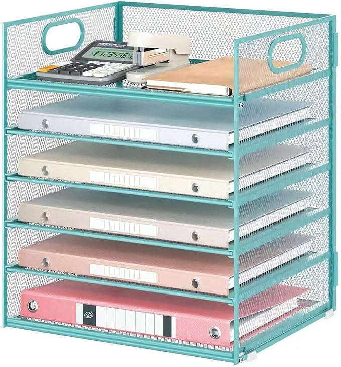 6 Tiers Letter Tray Paper Organizer with Handle, Mesh Desk File Organizer, Metal Desktop Document Shelf Organization, Paper Sorter Organizer for Office, Home or School File Folder Holder - Blue