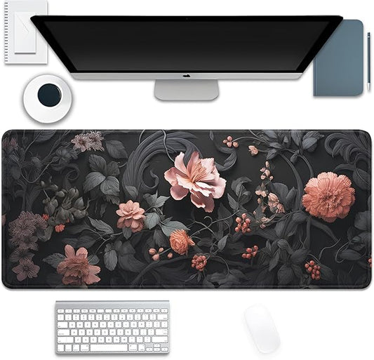 Black Art Flowers Mouse Pad,Large Vintage Floral Mousepad Desk Pad with Stitched Edges,Non-Slip Waterproof Rubber Base Mouse Mat for Office Computer Keyboard Laptop Home(27.5x11.8 in)