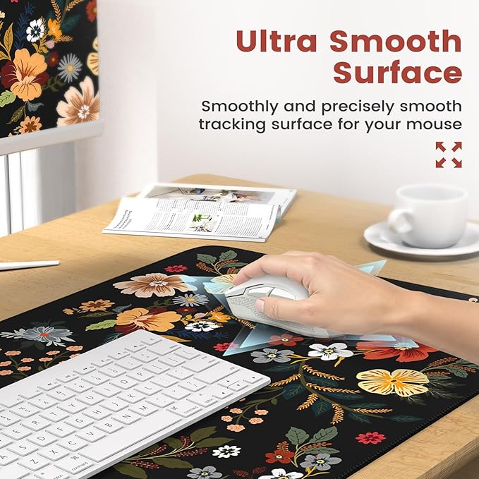 iCasso Desk Cover Mat, 4in1 Floral Large Mouse Pad with Wrist Rest, Desk Matt for Desktop, Anti-Slip XXL Big Computer Ergonomic Mousepad with Wrist Support for Keyboard and Mouse (Flowers)