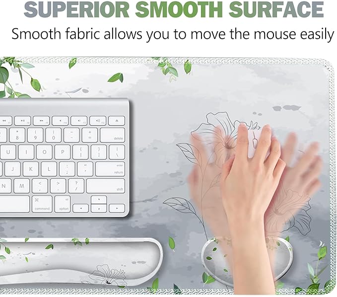 ARTSO Gaming Mouse Pad Wrist Support Set, XXL Large Desk Mat Mousepad + Keyboard Wrist Support+ Mouse Wrist Rest+Coaster 4in1 Ergonomic, Memory Foam -Green Leaves and Line Flower