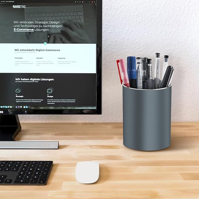 Metal Pen Holder for Desk Round Aluminum Desktop Organizer and Makeup Brush Holder Storage Box for Office, School, Home, and Kids, Non-slip silicone bottom3.9×3.14inch (Grey)