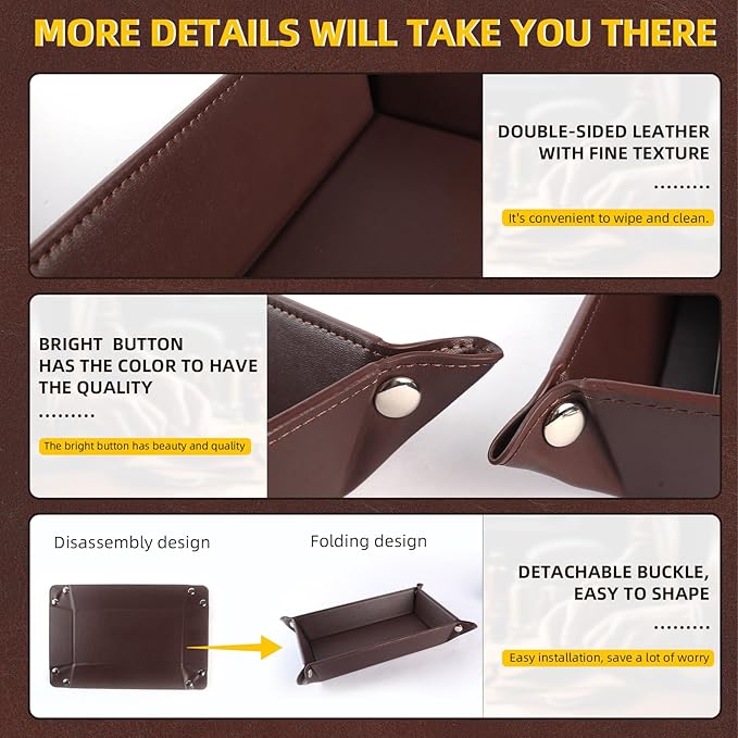 Leather Valet Tray for Men and Women - Jewelry Tray Nightstand Organizer - Bedside Vanity Tray - Dresser Catchall Tray - Desk Organizer and Storage for Keys, Phone, Wallet (Rectangular)