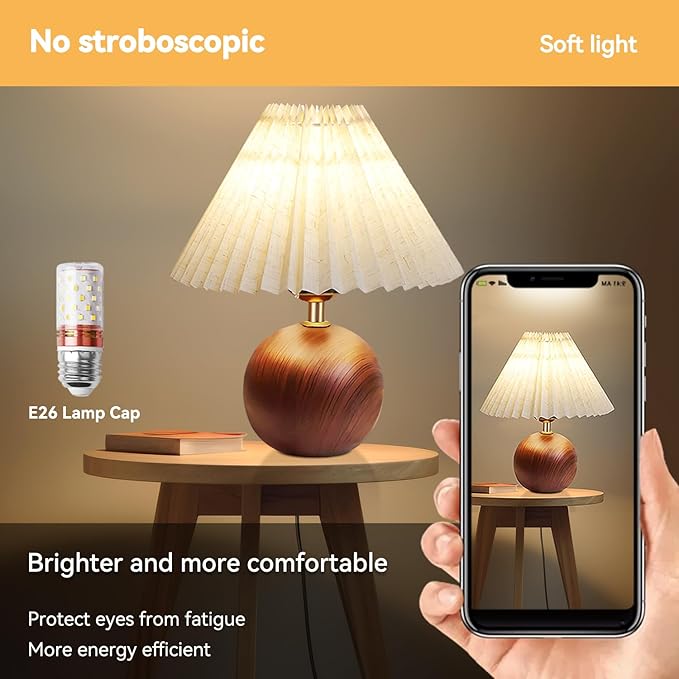 Ceramic Table Lamp for Bedroom, Small Space Pleated Cute Bedside Table Lamp with Switch, Night Light, Decor Desk Lamps for Living Room, Kids Room, Dorm, Office, Nursery with E26 LED Bulb