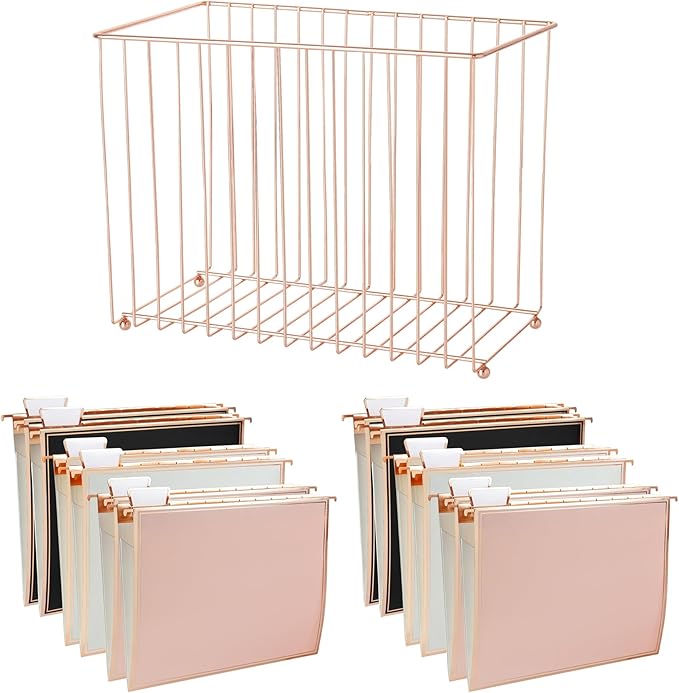 Y YOMA 1 Pack Rose Gold Desktop Hanging File Organizer | 12 Pack Rose Gold Pocket Hanging File Folders with Tabs & Insert | Letter Size Metal File Kit for Desk Home Office, I Shaped