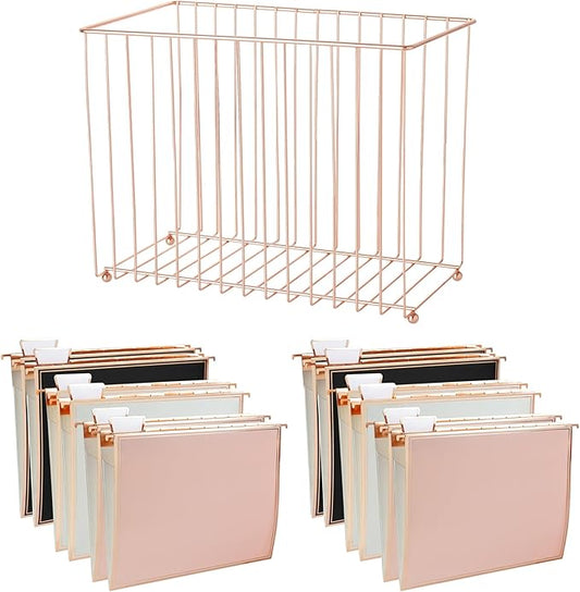 Y YOMA 1 Pack Rose Gold Desktop Hanging File Organizer | 12 Pack Rose Gold Pocket Hanging File Folders with Tabs & Insert | Letter Size Metal File Kit for Desk Home Office, I Shaped