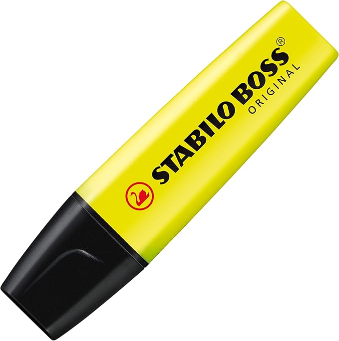 STABILO Highlighter BOSS ORIGINAL - Pack of 4 - Yellow, Orange, Green, Pink, Chisel Tip, Anti-Dry Out Technology
