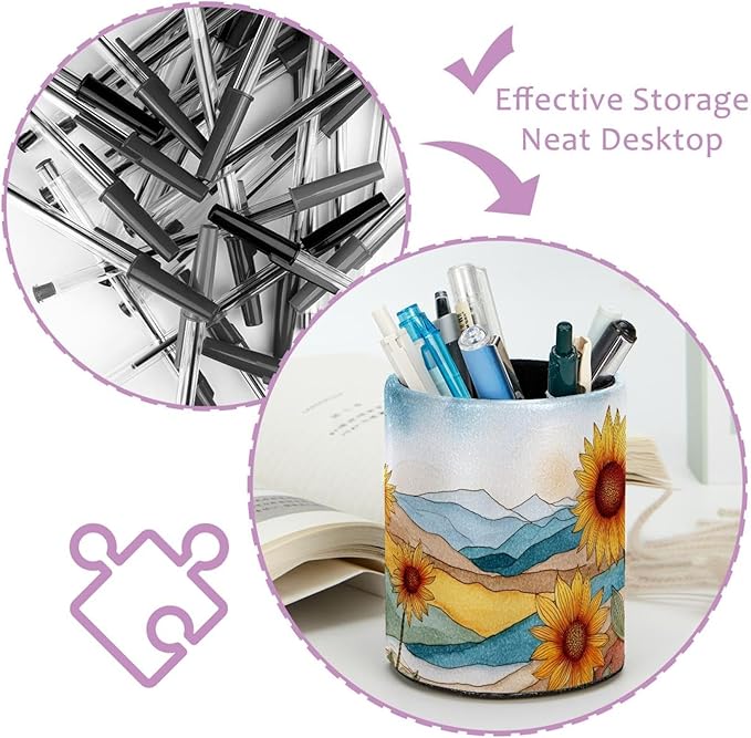 Watercolor Art Sunflower PVC Leather Circular Pencil Holder for Desk Organizer Stationery Holder for Office, School(3.9 x 3.1 Inches)