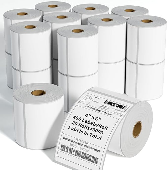 FungLam 4"x6" Direct Thermal Shipping Labels - Compatible with Zebra, Munbyn, Rollo Printers - 450 Labels Per Roll, 20 Rolls