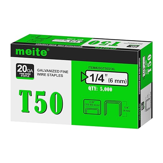 meite T50 Staples, 1/4 Inch Heavy Duty Staples for Staple Gun, Galvanized 20 Gauge 3/8 Inch Crown Staple for Upholstery, Construction, Furniture (1 Case)