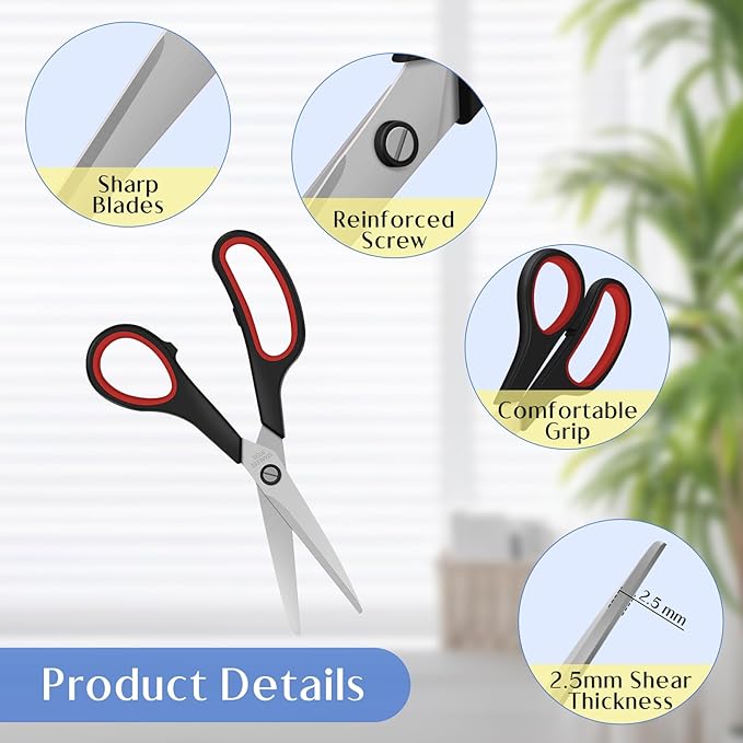 3 Pack Scissors All Purpose, 8.3" Sharp Stainless Steel Scissor With Ergonomic Soft-Grip Handles, Right/Left Hand, Scissors for Office, School, Classroom, Kitchen, Crafts, Sewing (Red+Green+Blue)