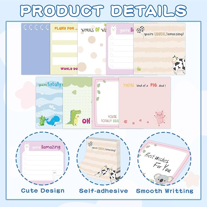 9 Pcs Funny Animal Notepads 3" x 3" Self-Adhesive Note Pads Cute Memo for Work Office School Home - 450 Sheets Reusable Animal Sticky Notes