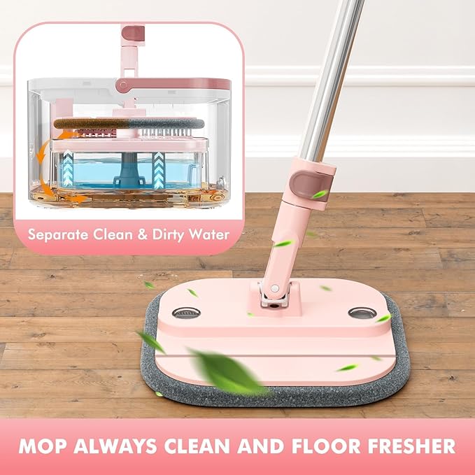 Upgraded Spin Mop and Bucket System Set, Self Separate Clean and Dirty Water, Foldable Square Standing Mop Head with Microfiber Mop Pads, Detachable Bucket (Pink, Mop Set with 6PC Pads)