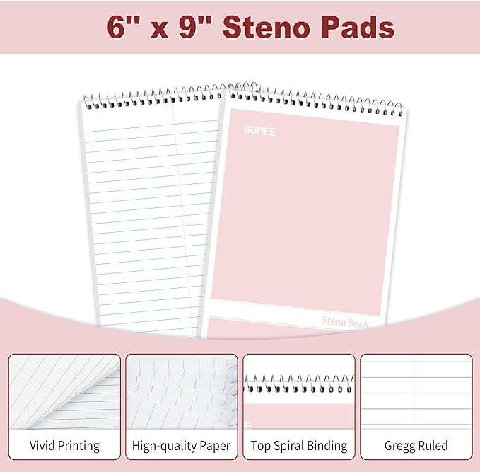 SUNEE 12 Pack Steno Pads 6x9, Gregg Rule, 60 Sheets, 6 Assorted Color Spiral Notebook 6x9, White Paper, Take Notes with Top Spiral Notebook, for School, University, College, Work, Office
