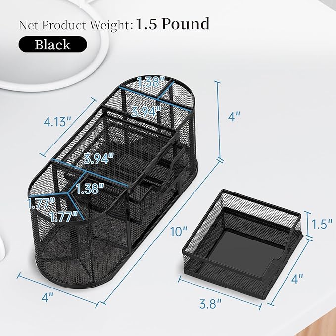 SUPEASY Mesh Desk Organizer, Desk Organizers and Accessories, Pen Holder with Drawers, Pencil Holder for Desk with 2 Drawer for Office Supplies, Black