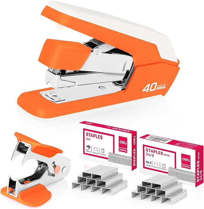Deli Effortless Desktop Stapler, Heavy Duty Stapler, 40-50 Sheet Capacity, One Finger, No Effort, Includes 1500 Staples & Staple Remover, Orange