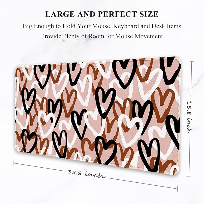 Auhoahsil Large Mouse Pad, XXL Desk Pad, Extened 35" x 15", Non-Slip Rubber Base, Stitched Edges, Superior Surface, Waterproof Keyboard Mat, Large Mousepad for Gamer, Office & Home, Brown Heart