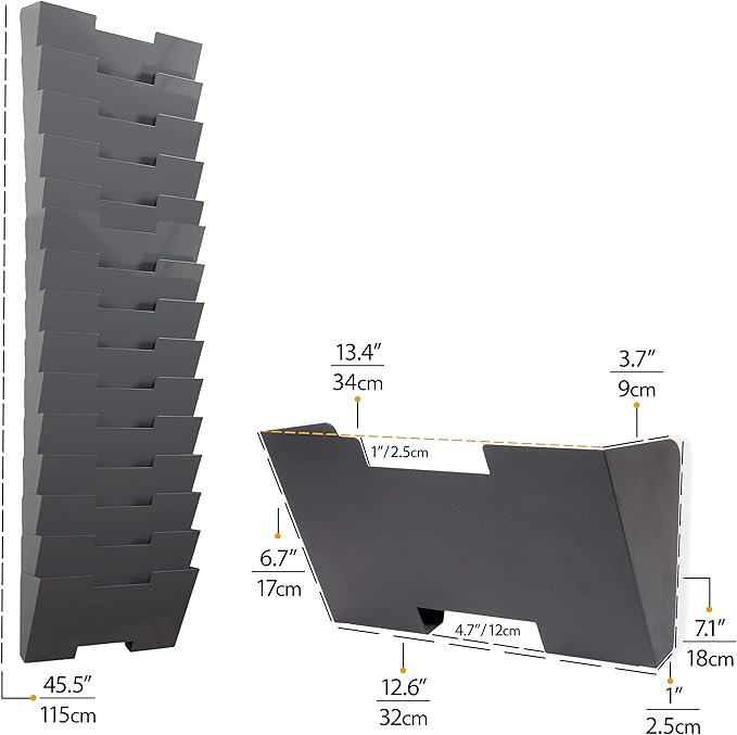 Wallniture Lisbon 15-Tier Wall Mounted File Holder and Desk Organizer, Metal Gray Office Organization and Storage Rack