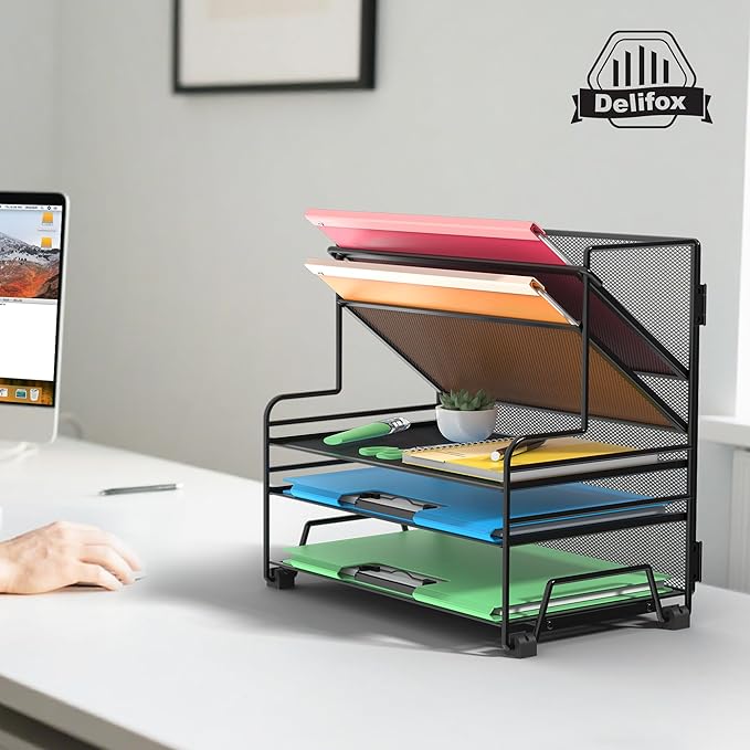 Desk File Organizer, 3-Tier Letter Tray Paper Organizer and 2-Pocket Metal Hanging Basket for Office School Classroom Organization